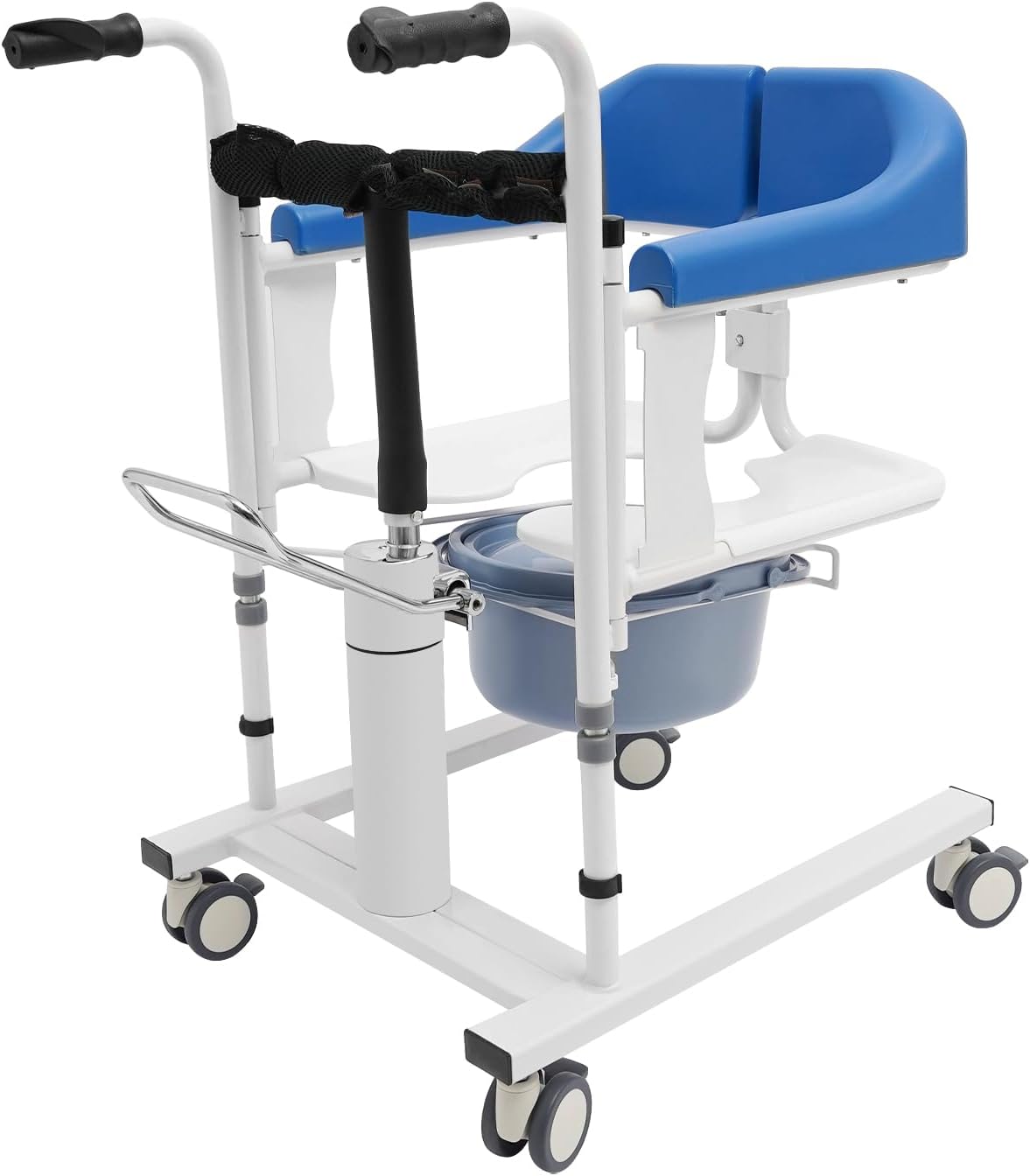 Fridgestea Hydraulic Patient Lift Transfer Chair for Seniors, Multifunctional Bedside Commode Wheelchair, 180° Split Seat, 90 KG Capacity, 42-61 CM Lifting Height