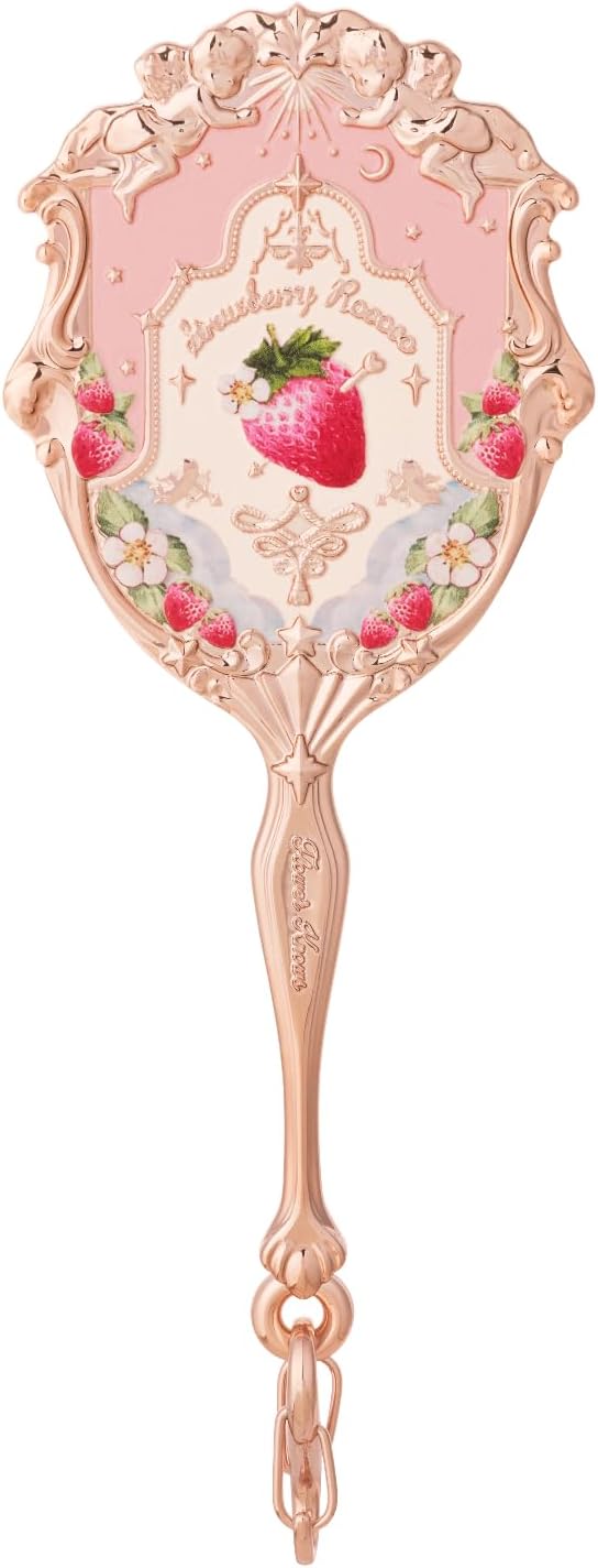 Flower Knows Strawberry Rococo Miniature Mirror Charm, Soft Pink Travel-Size Mirror Keychain with Easy-to-Hold Handle & Clip-On Clasp, Collectible Beauty Gift