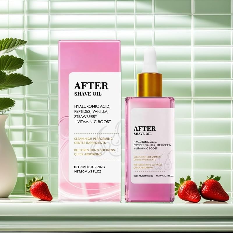 Strawberry Vanilla After Shave Oil,Hair removal soothing essential oil; Shaving soothing oil， with Hyaluronic Acid & Peptides to Soothe Razor Burn, 90ML/3fl oz