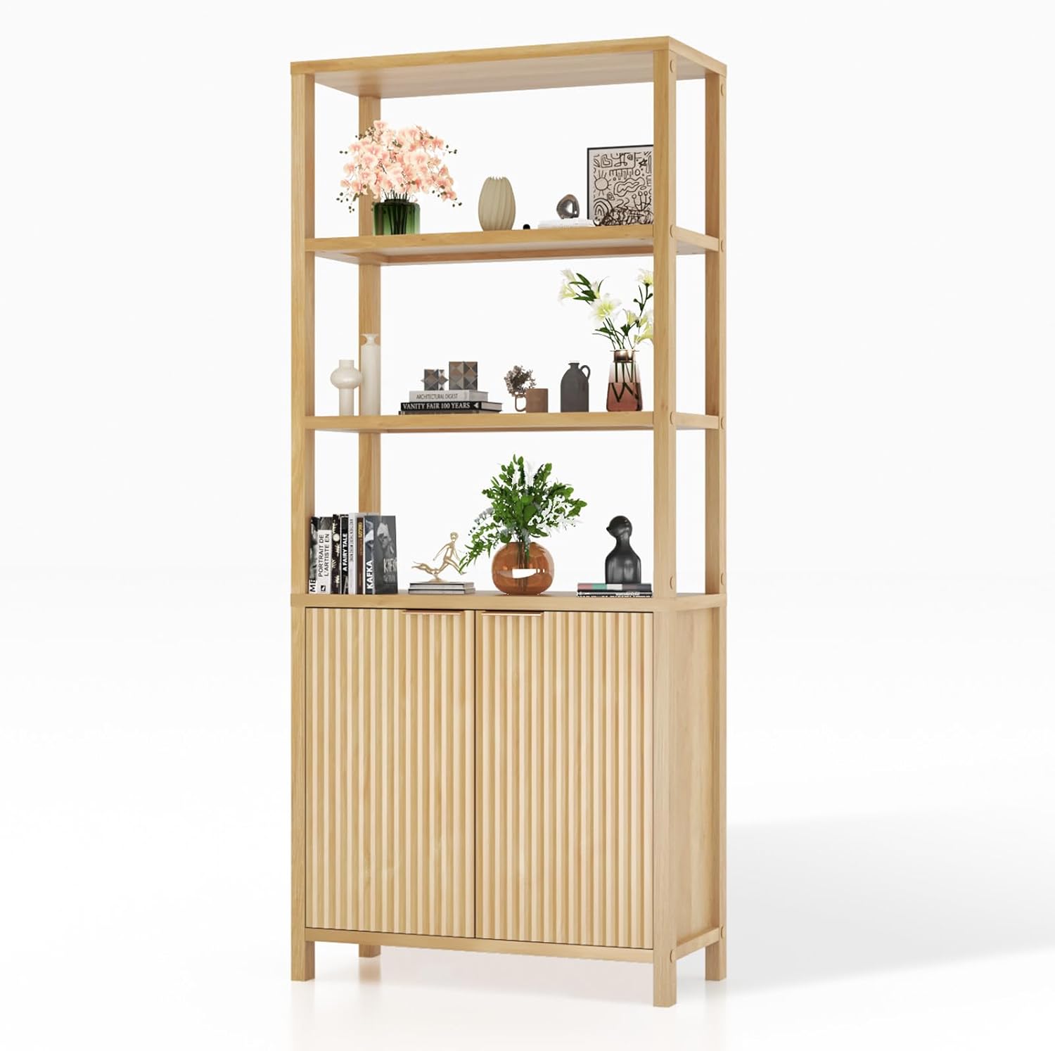 Karl home Bookcase, 6-Tier Storage Shelf with Two Doors, Display Cabinets with Adjustable Shelving Unit, for Living Room, Home Office 78.5x35.5x180.5 cm Oak Color