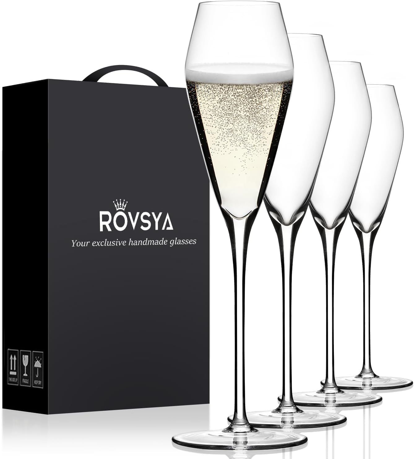 OJA Champagne Flutes Glasses Set of 4, Hand Blown Crystal Wedding Flutes Glass, Ideal for Weddings, Anniversaries, Christmas, Special Days, 10.5 inch, 7.5 oz, Clear