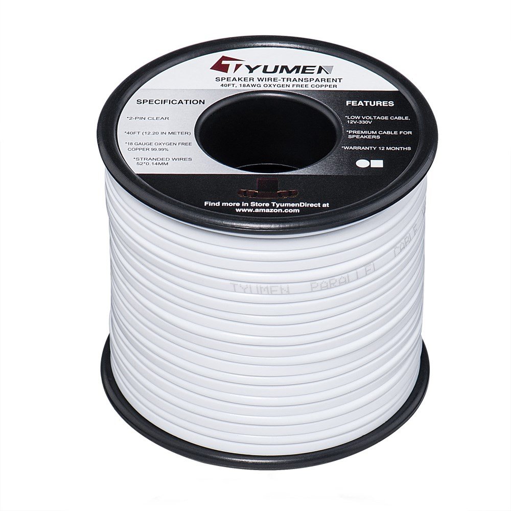 18 AWG Gauge 2 Conductor Stranded 40 FT Roll Speaker Zip Wire Car Home Audio Cable, 99.95% Oxygen Free Copper Wires, White