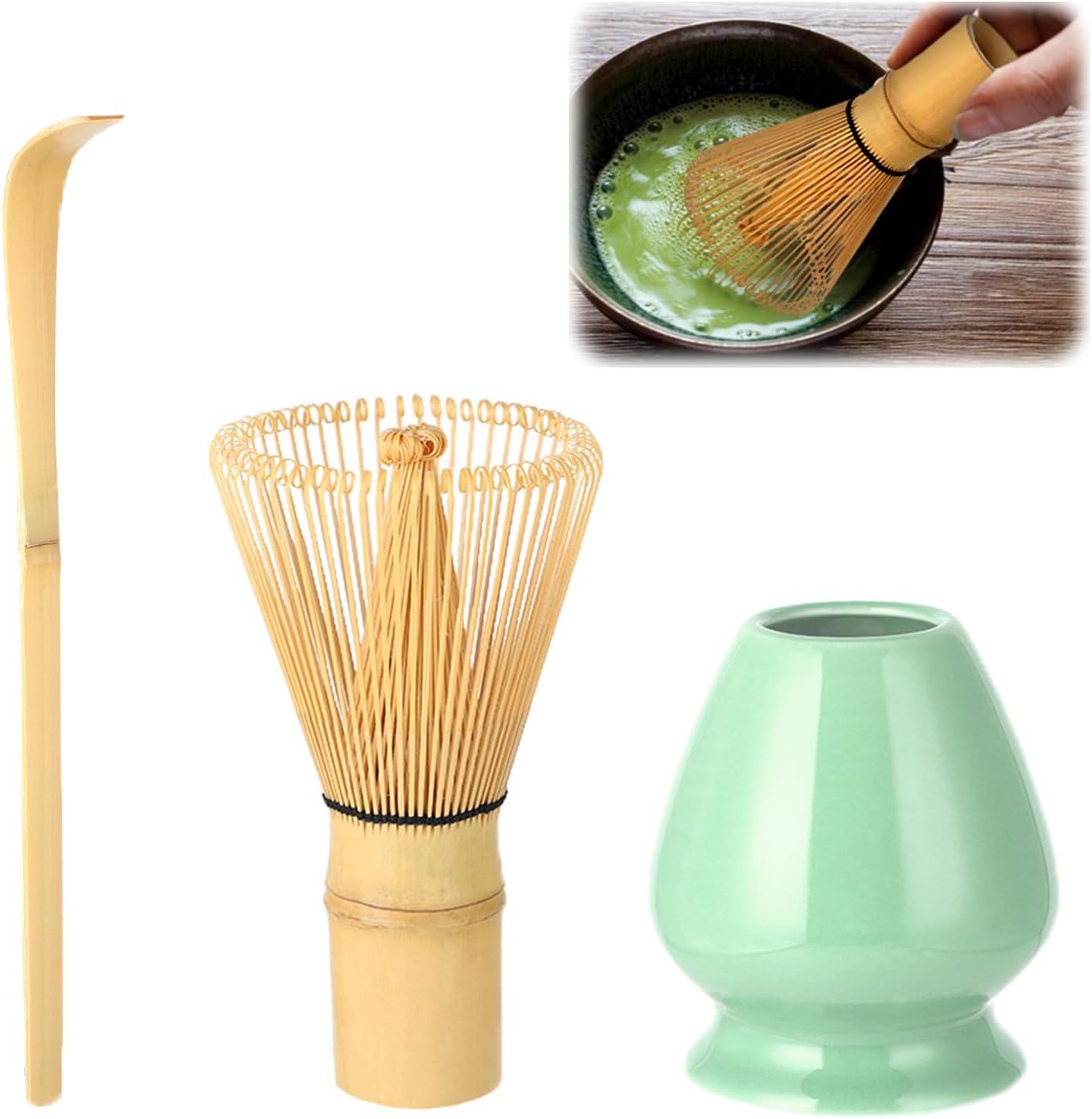 Wenrescry Matcha Ceremony Accessory Set, Japanese Handmade Matcha Whisk, Bamboo Whisk Holder, Traditional Tea Spoon, 100 Prongs, Green Tea Powder Whisk - 3 Piece Set (Mei Ziqing)
