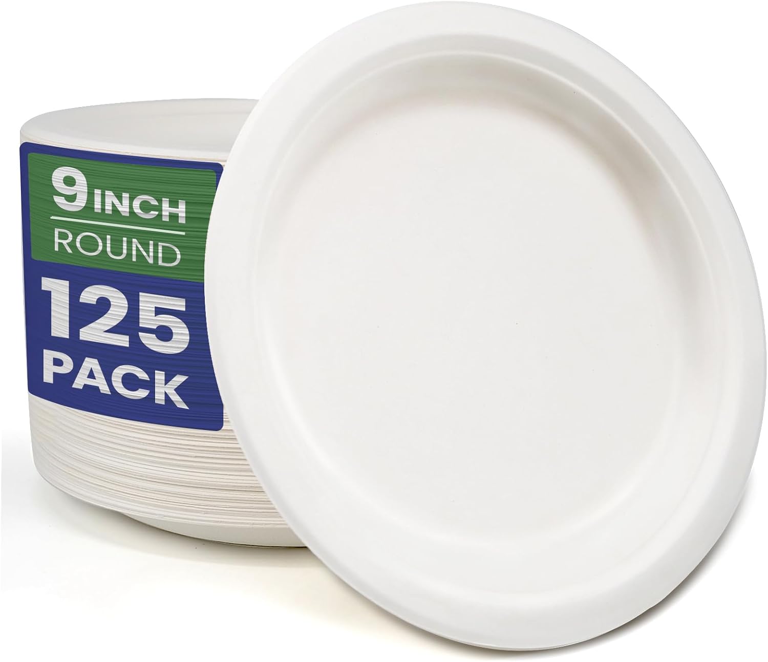 GreFusion 9 Inch Strong Paper Plates [125 Pack] Heavy Duty Disposable Plates Sugarcane Eco-Friendly White Party Plates