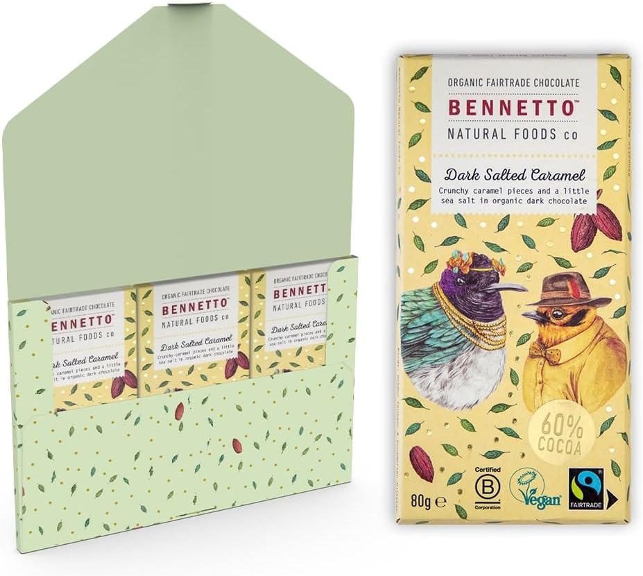 Dark Salted Caramel Crunchy caramel and sea salt in dark chocolate. 60% cocoa. Certified organic, Fairtrade, and net climate positive. Beautiful gifts for everyone. 3x 80g Full Size Bars.