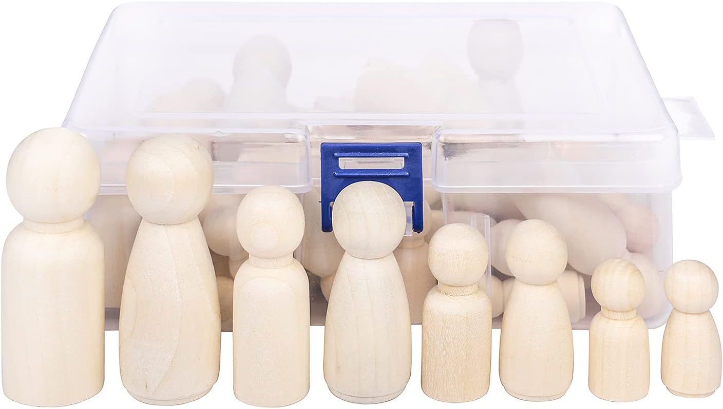 KTHZI Wooden Peg Dolls with a storage case, 50Pcs Unfinished Wooden People for DIY and Painting, Nature and Plain Wooden Figures for Craft Art Projects and Decoration, Graffiti Toy for Kids.
