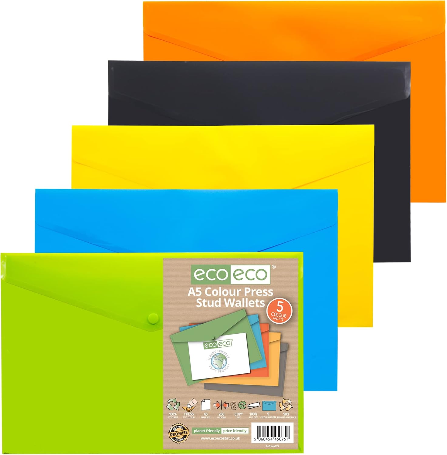 eco-eco A5 50% Recycled Assorted Colours Press Stud Popper Wallet, Plastic Folders (Pack of 5), Yellow, Green, Blue, Orange, Black
