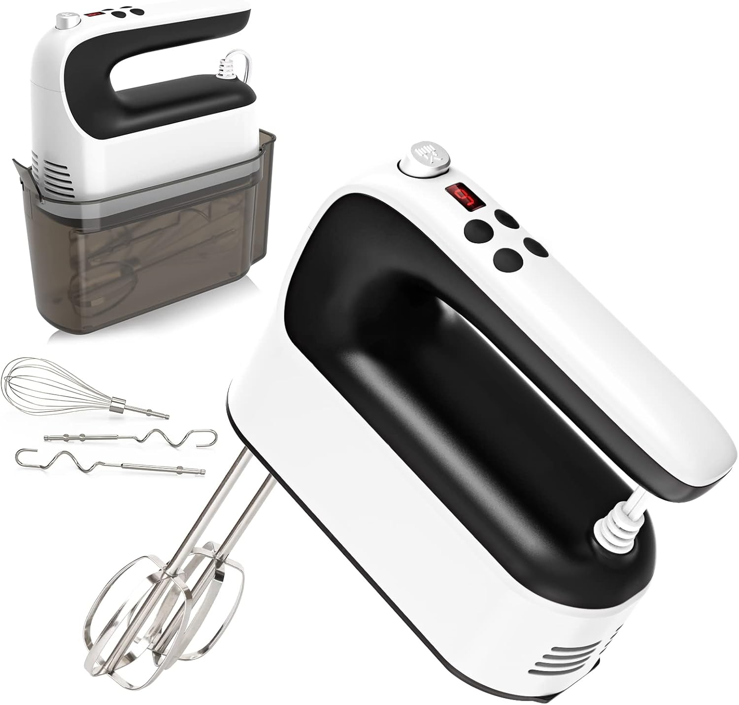 Yomelo Digital Hand Mixer, Electric Whisk, Hand Whisk Electric with 9 Speeds, Snap-On Storage Case, Touch Button, Turbo Boost, 5x Stainless Steel Accessories (White)