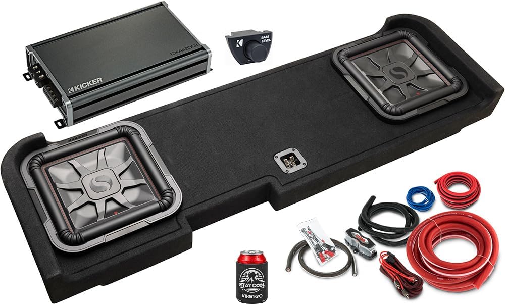 KICKER Subwoofer and Amp Package of 4 Items - 12" L7 Custom Fit Down-Firing 2400 Watt Enclosure for Chevrolet Silverado and GMC Sierra, Class D Monoblock Amplifier, Bass Remote and 4AWG Wiring Kit