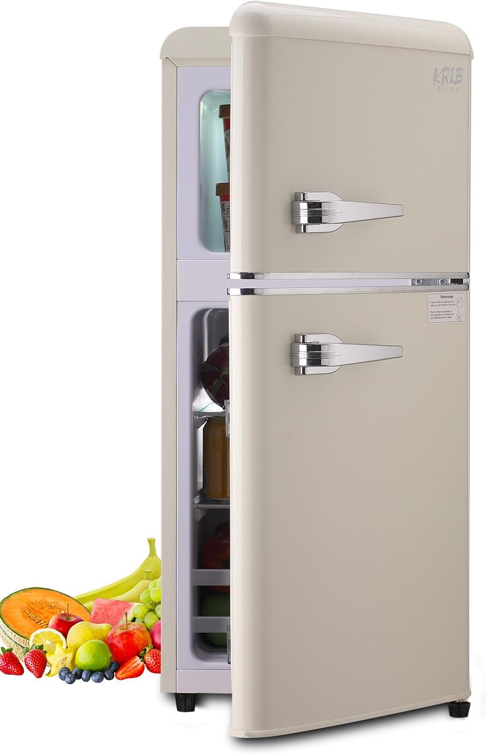 KRIB BLING Fridge With Freezer, Refrigerator With 2 Doors,7- Level Adjustable Thermostat, Removable Glass Shelves For Bedroom, Office, Kitchen, Apartment, Dorm, 3.5 Cu. Ft Cream