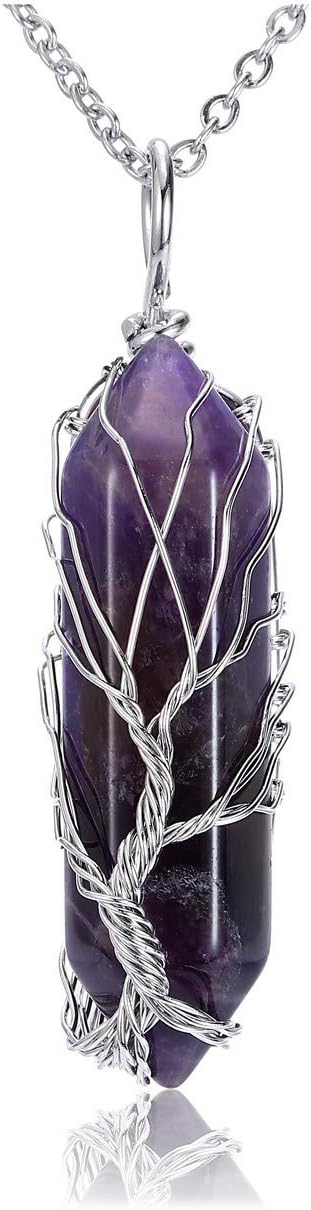 CrystalTears Natural Healing Crystal Stone Necklace Silver Tree Life Wire Wrapped Hexagonal Crystal Points Pendant Necklace Jewellry Mothers Day Gifts for Mum Women