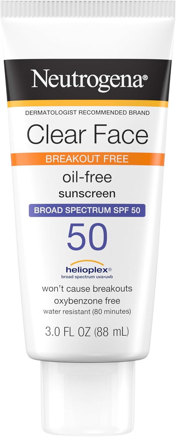 Neutrogena Clear Face Liquid Lotion Sunscreen for Acne-Prone Skin, Broad Spectrum SPF 50 UVA/UVB Protection, Fragrance & Oxybenzone Free Facial, Non-Comedogenic, Unscented, 3 Fl Oz