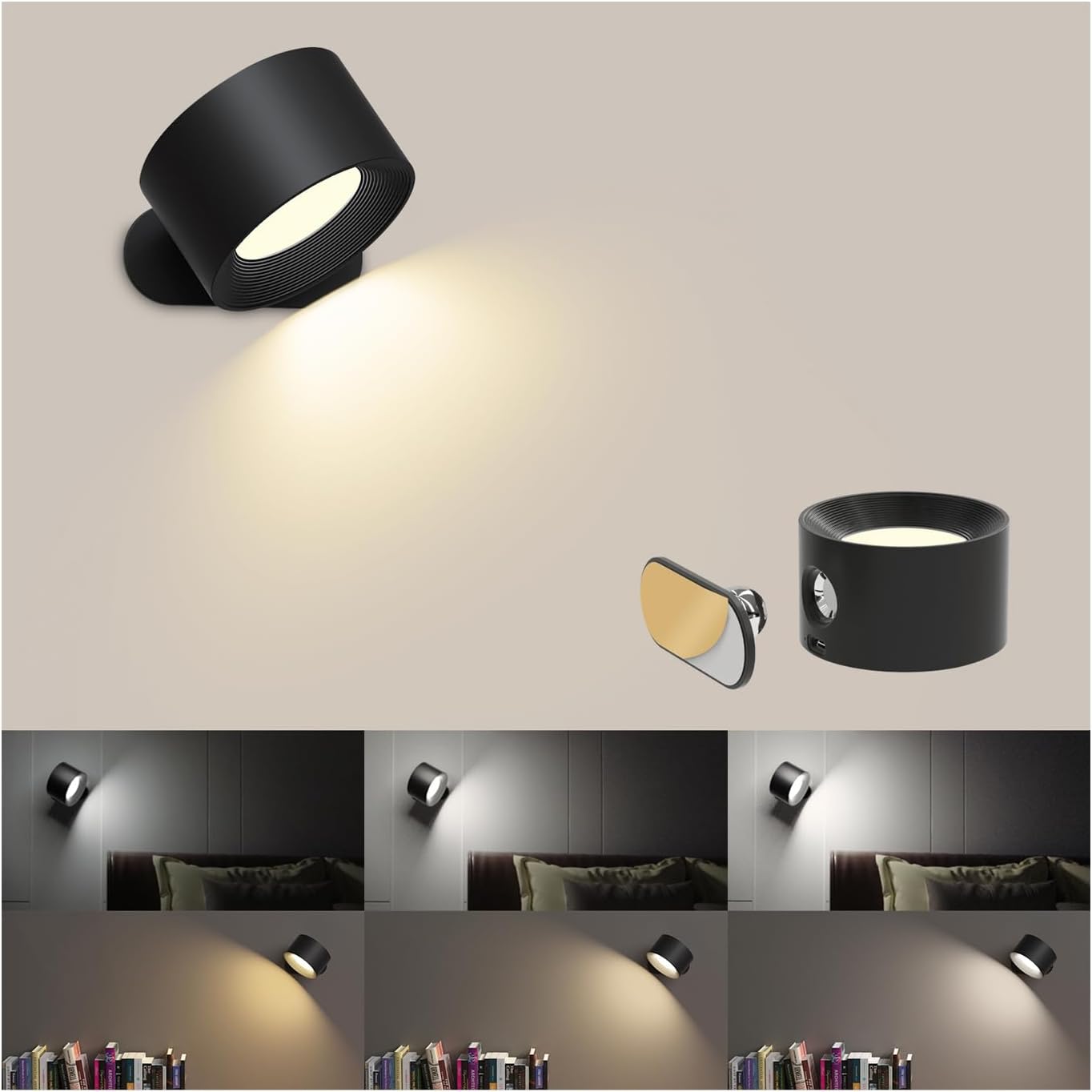 Coollamp LED Indoor Wall Lamp, Bedroom Wall Light with Warm/Natural/White Light, 3 Brightness Levels, Rechargeable Battery, Touch Control, 360 ° Rotate, Wall Lamp for Living Room Corridor Stairs