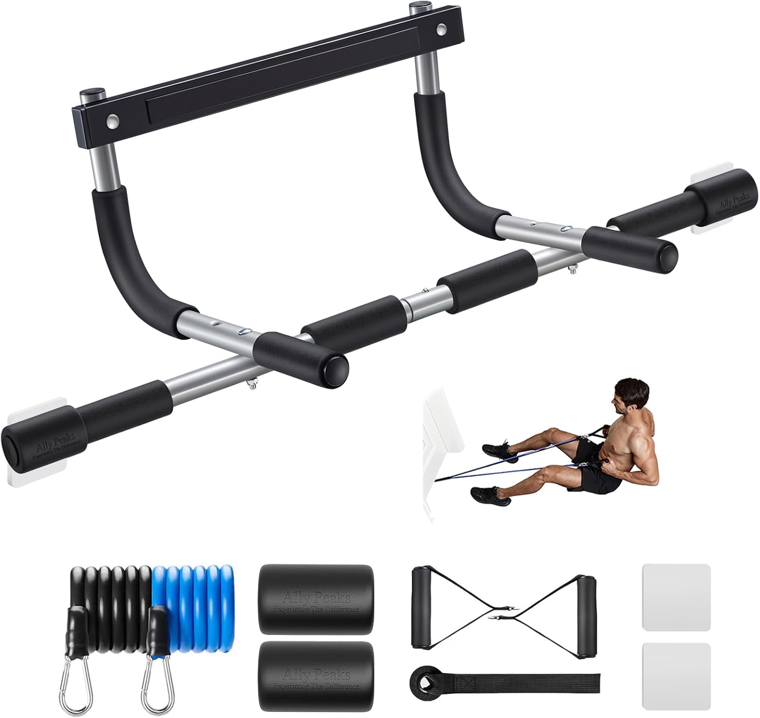 Ally Peaks Pull Up Bar for Doorway | Thickened Steel Max Limit 440 lbs Upper Body Fitness Workout Bar| Multi-Grip Strength for Doorway | Indoor Chin-Up Bar Fitness Trainer for Home Gym Portable