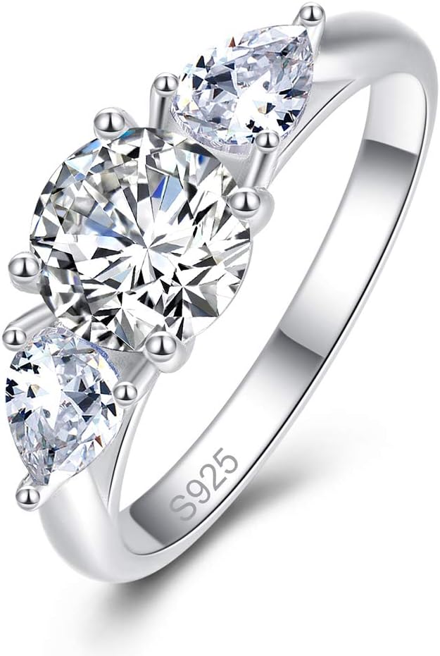 Bonlavie Silver Ring for Women, 925 Sterling Silver Pear and Round Cut White Cubic Zirconia Engagement Ring for Her Size K 1/2-T 1/2