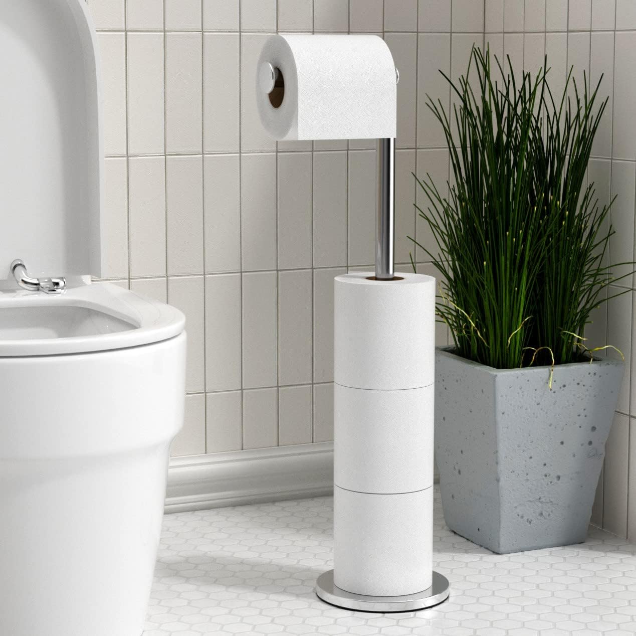 Free-standing Toilet Roll Holder, Stainless Steel Bathroom Roll Holder Stand, Anti Rust Pedestal Toilet Paper Storage Dispenser
