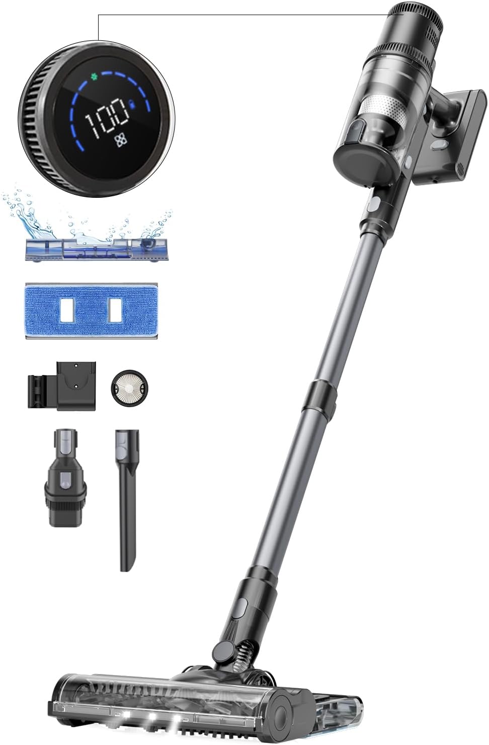 Proscenic Cordless Vacuum Cleaner, Vacuum and Mop Combo All in one, 550W 45Kpa 60Mins Lightweight Stick Vacuum with LED Display, Rechargeable Hoover Cordless for Floors Pet Hair Carpet, P11 Pro