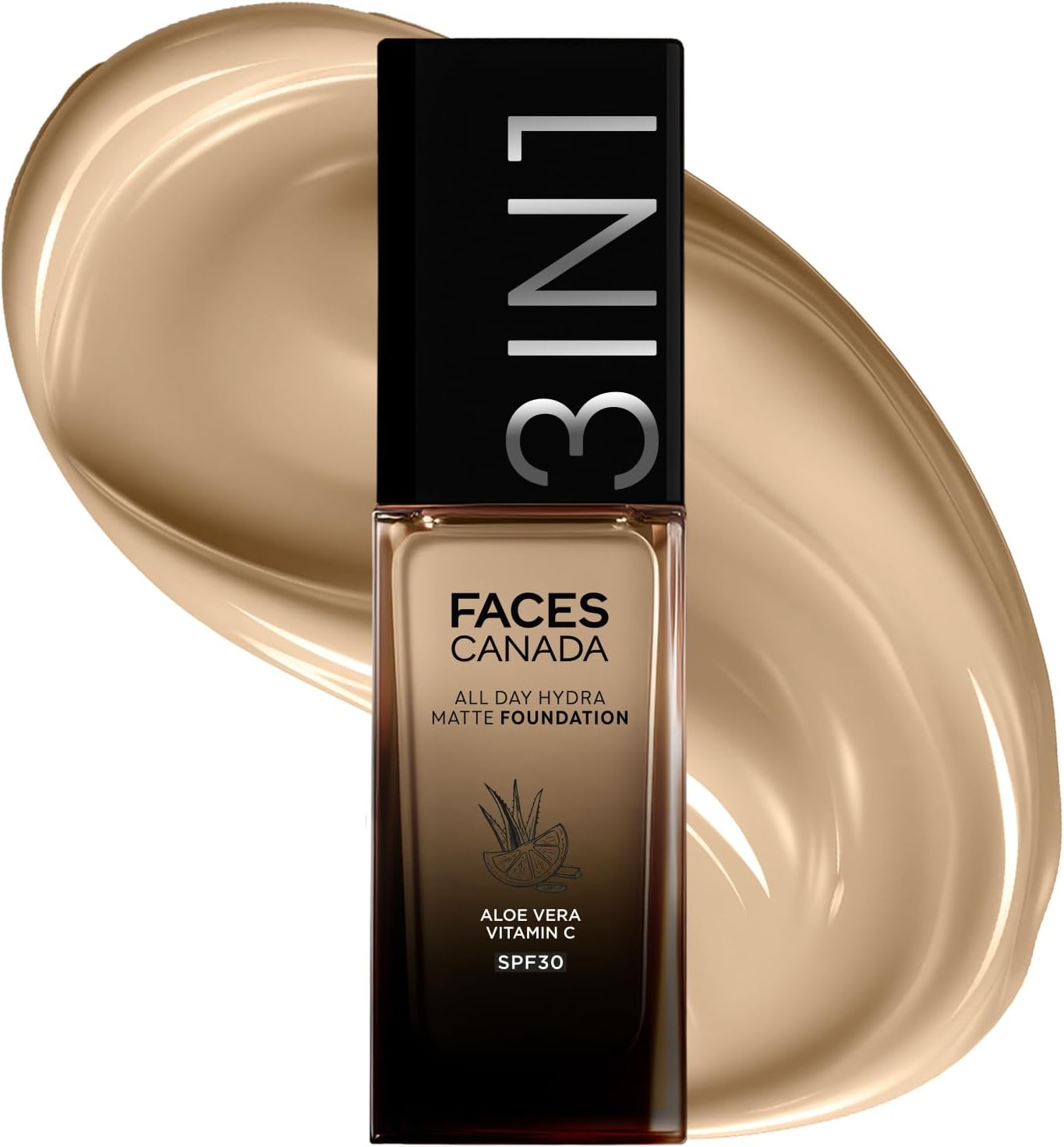 FACES CANADA All Day Hydra Matte Foundation 3-in-1 Foundation + Moisturizer + SPF 30 24 HR Aloe Hydration & Vitamin C 10HR Long Wear Medium to High Buildable Coverage Absolute Ivory 012 25ml