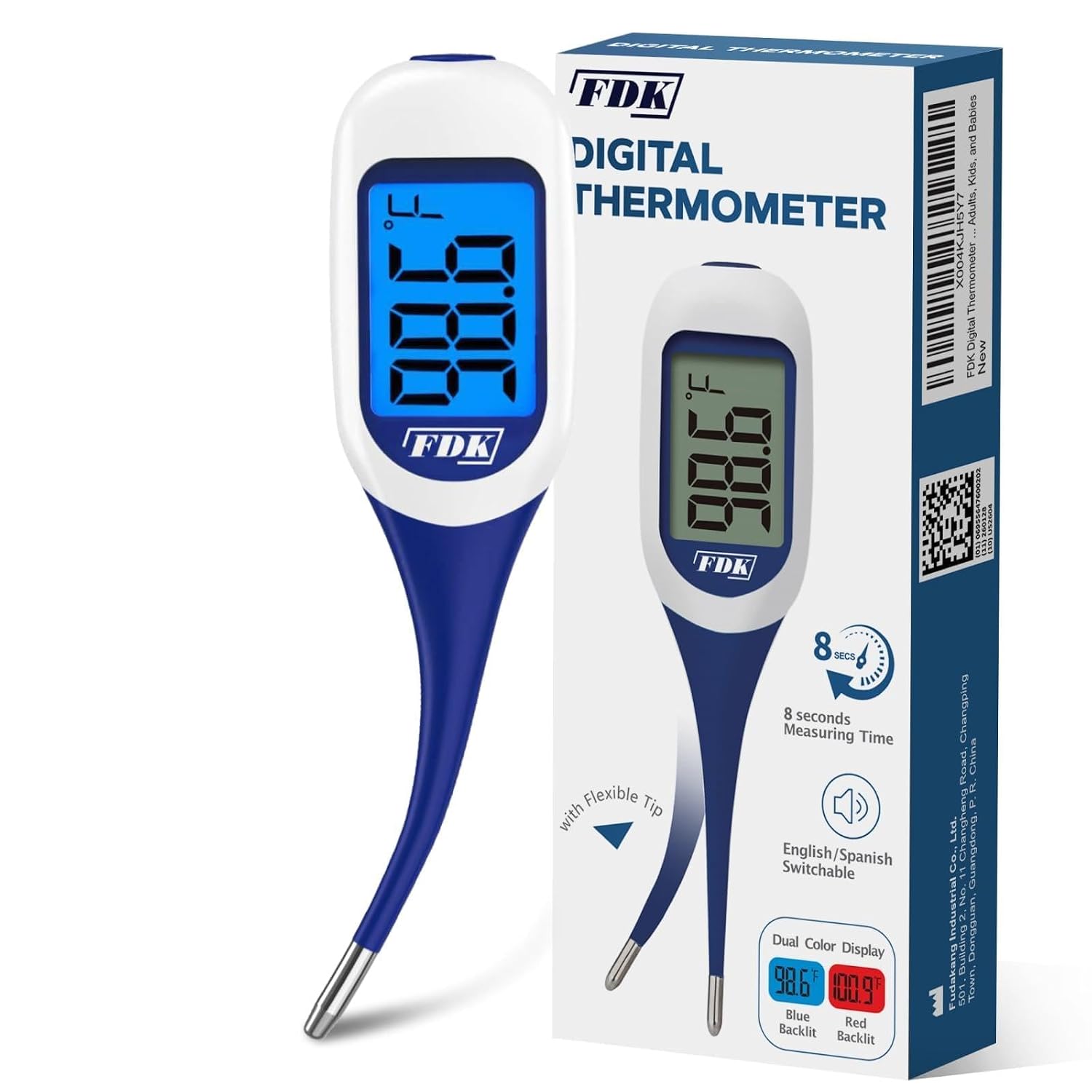 FDK Large LCD Screen Digital Thermometer for Fever, 8 Seconds Fast & Accurate Readings, Large LCD Dual Color Backlight Flexible Tip Ideal for Adults Kids and Babies FSA