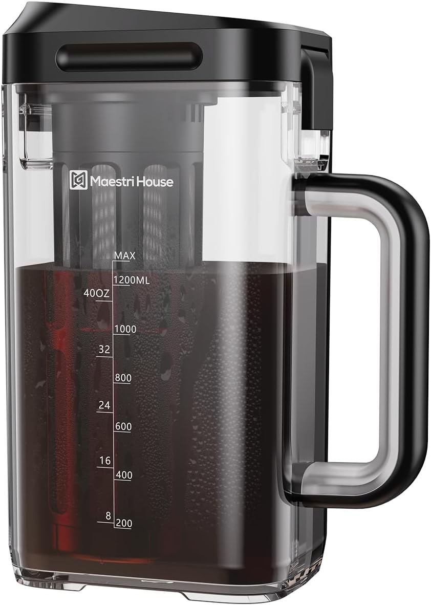 Maestri House Cold Brew Coffee Maker, 1.2L Iced Tea and Coffee Maker Brewer Space Saving Tritan Pitcher, 350 Mesh Filter, 100% Leak-Proof，Measuring (Black)