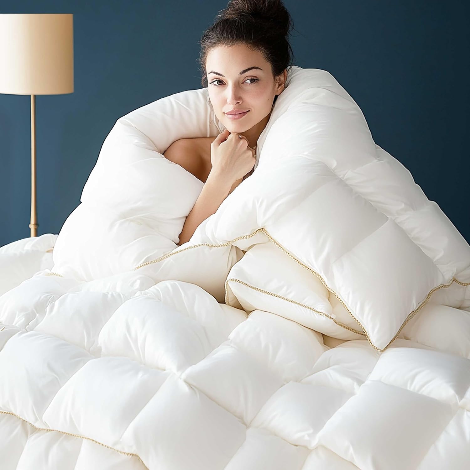 Puffy Feather Comforter Queen Size, All Season Duvet Insert Feather Downfiber Filled, 100% Cotton Luxury Hotel Collection, 4 Corner Loops, Gold Piping