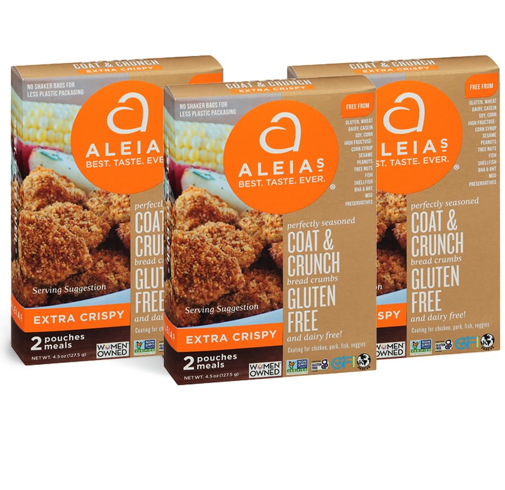 Aleia’s Gluten Free Extra Crispy Coat & Crunch – 4.5 oz (3 Pack) – Crunchy Breading for Poultry, Meat, Seafood & Vegetables – Dairy Free, Kosher, Low Sodium, Non-GMO