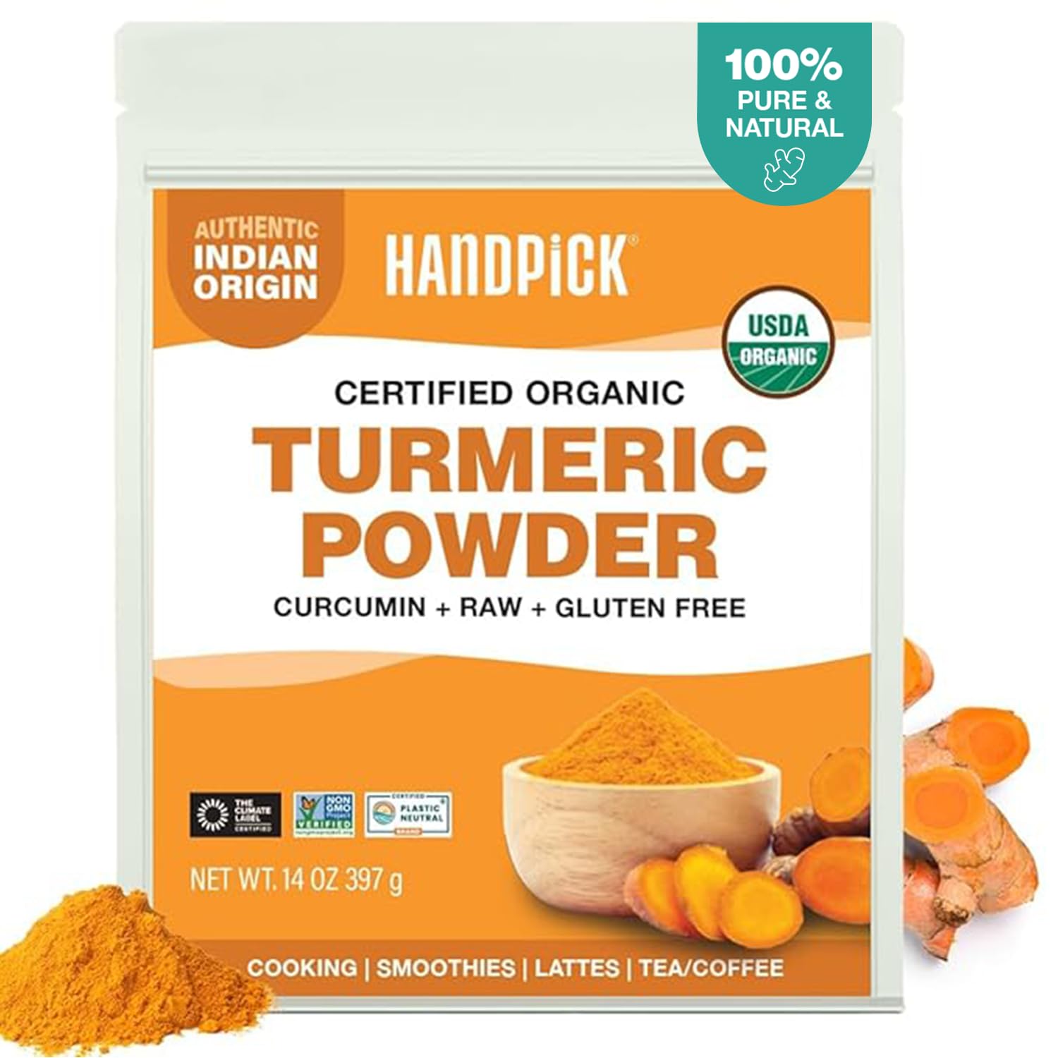 HANDPICK Organic Turmeric Powder with Curucmin(14oz)100% Pure, Natural