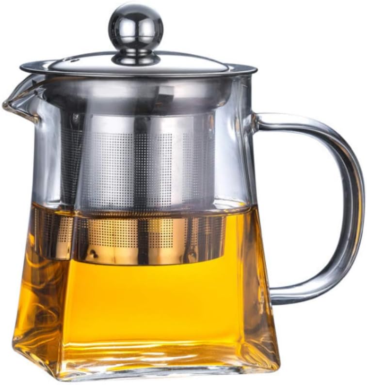 Glass Teapot with Stainless Steel Infuser & Lid, Borosilicate Glass Tea Kettle Stovetop Safe, Blooming & Loose Leaf Teapot,Glass Square Pot (550ML/19oz)
