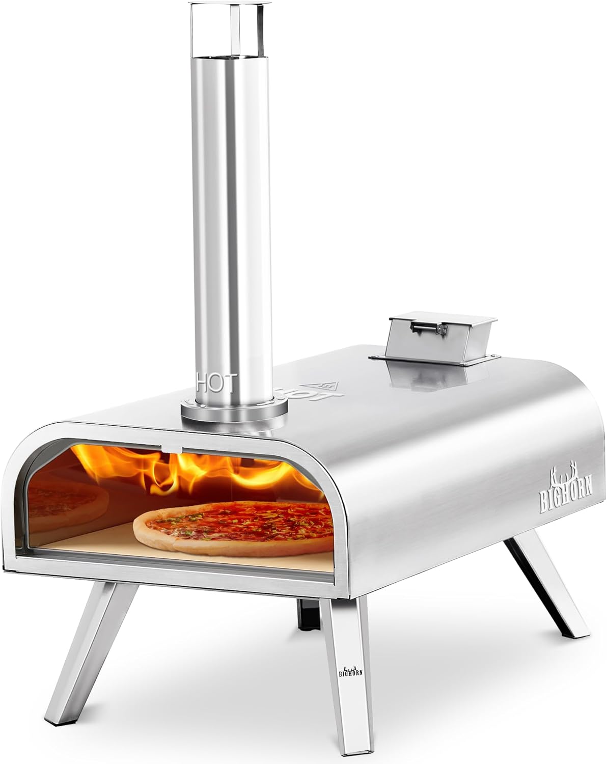 BIG HORN OUTDOORS 16 Inch Wood Pellet Burning Pizza Oven Pellet Pizza Stove, Portable Stainless Steel Pizza Oven with Pizza Stone for Outdoor Backyard Pizza Maker Garden Kitchen