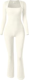 OQQ Long Sleeve Jumpsuits for Women Ribbed Long Sleeve Yoga Bell Bottoms Flare Jumpsuits