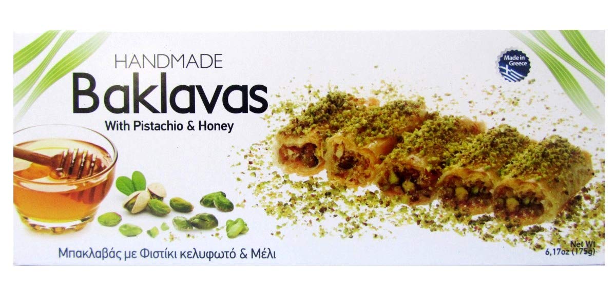 Handmade Baklavas - All Natural - Choose Your Favorite Filling - Imported from Greece - Candianuts - 6.17 oz box with 5 pieces (With Honey & Pistachio)