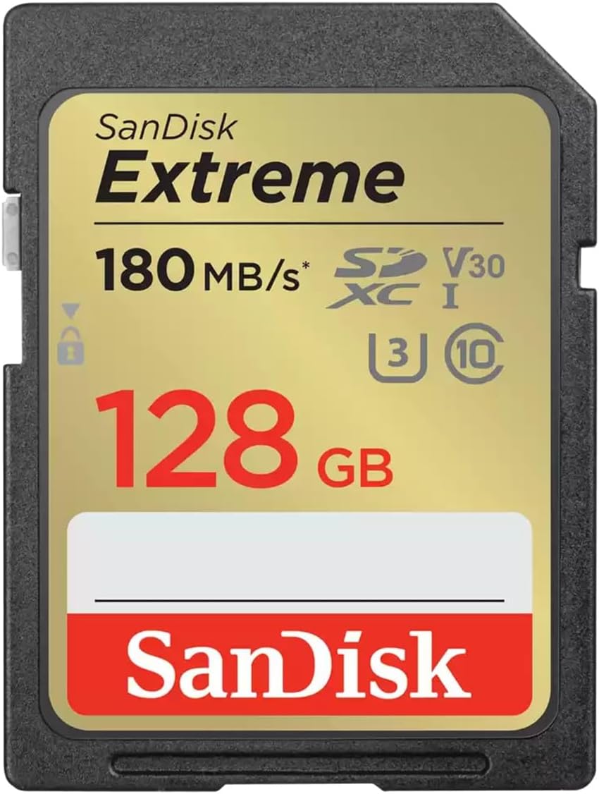 SanDisk 128GB Extreme SDXC card, SD card up to 180MB/s, V30 Memory card, UHS-I, Class, 10, U3, V30, RescuePro Deluxe data recovery software.