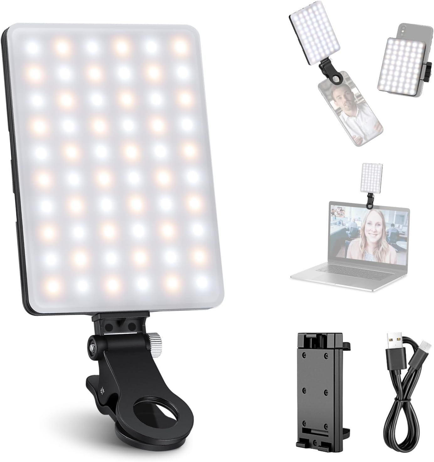 NEEWER Selfie Light with Front & Back Phone Clip, High Power 60 LED 2000mAh Rechargeable CRI 95+, 3 Light Modes, Portable Clip on Light for Tablet/Laptop, Zoom Call TikTok Video Fill Light (NL-60AI)