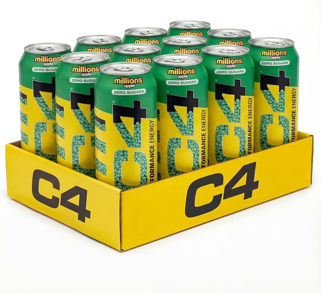 C4 Performance Energy Drinks Apple Millions 500ml (12 pack), Sugar Free Energy Drink with 160mg Caffeine, 250mg Betaine, 1050mg Taurine, Low Calorie Fizzy Drinks for On the Go Energy and Focus