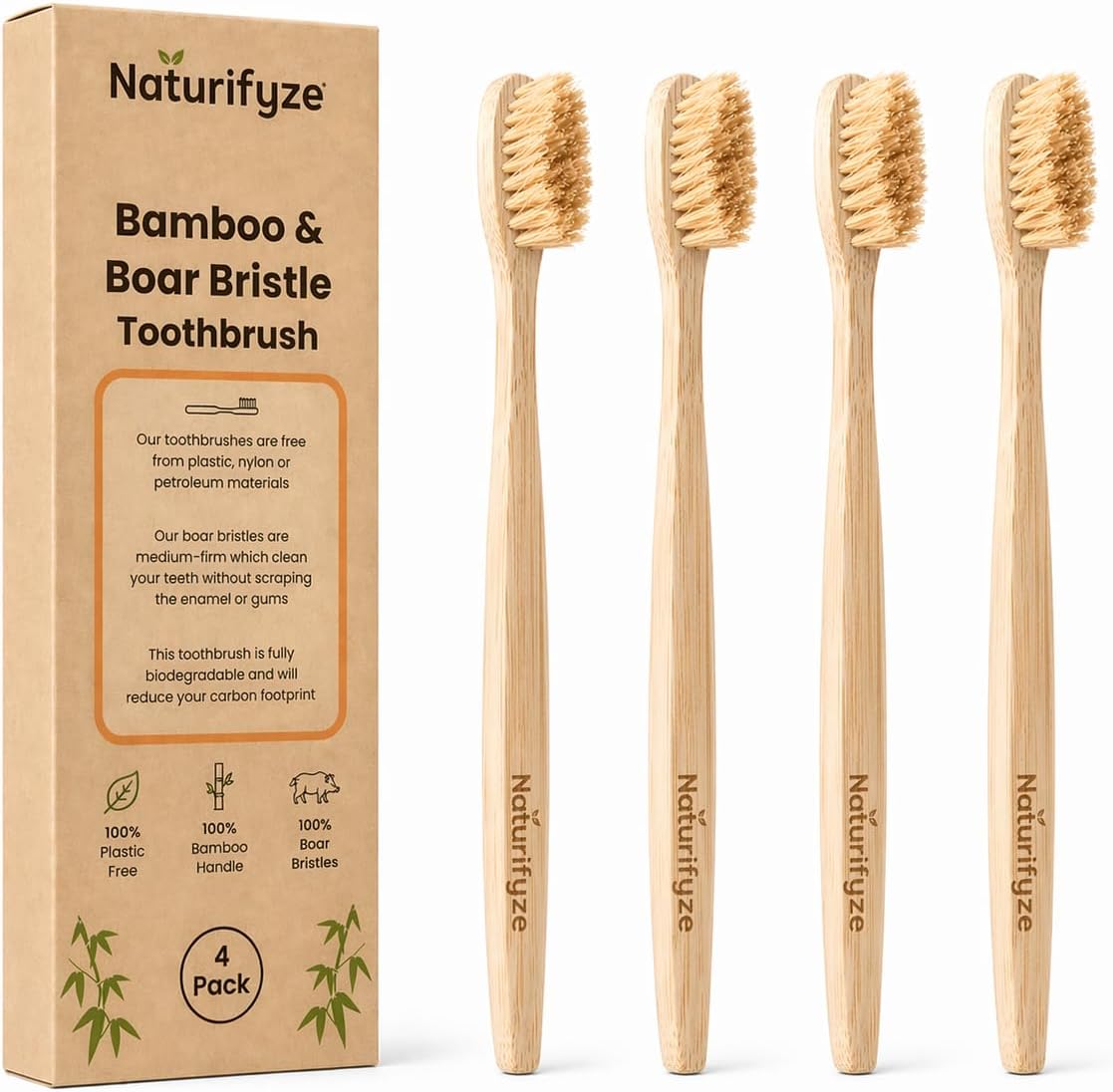 Boar Bristle & Bamboo Toothbrush (4 Pack) - Authentic Boar Bristles - Biodegradable - Plastic Free - Bamboo & Boar Bristle