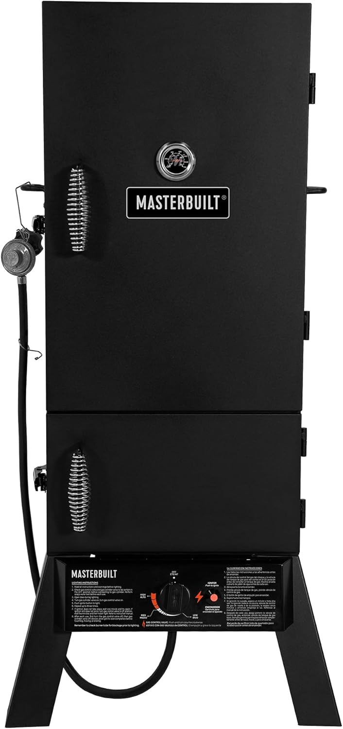 Masterbuilt 30-Inch Dual Fuel Propane & Charcoal Vertical Smoker with 730 Sq. In. Cooking Space, Push-Button Ignition, Temperature Gauge, 4 Smoking Racks, Black