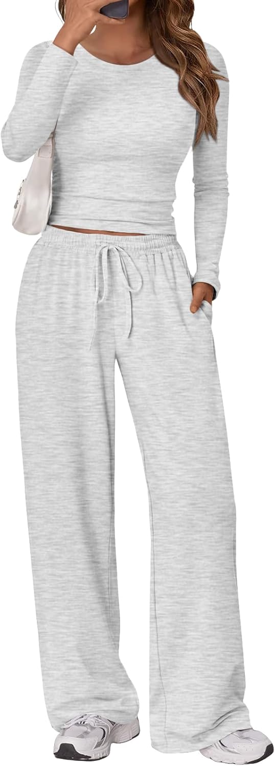 Trendy Queen Women's 2 Piece Matching Lounge Set Long Sleeve Slightly Crop Top Wide Leg Pants Casual Sweatsuit