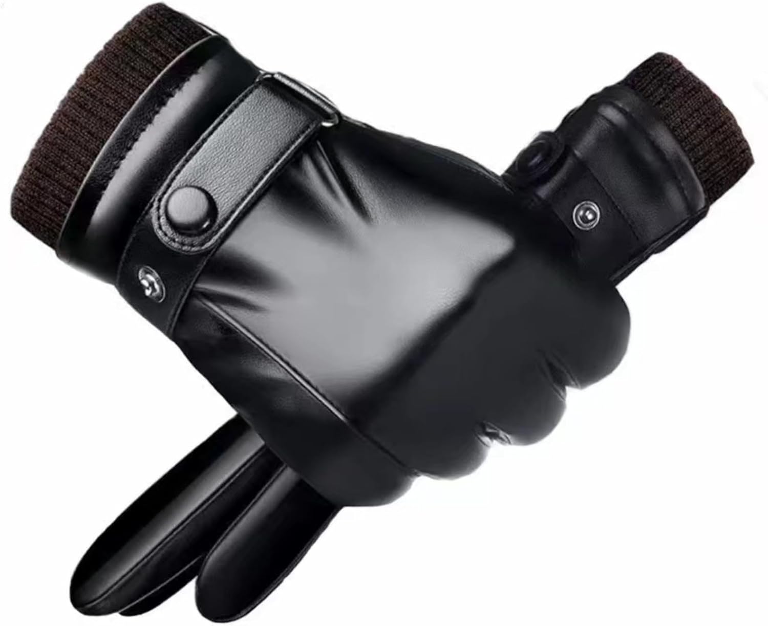 Men's Black Leather Winter Gloves, Adjustable Size, Touch Screen Compatible, Non-Slip Palm, Cashmere Lining