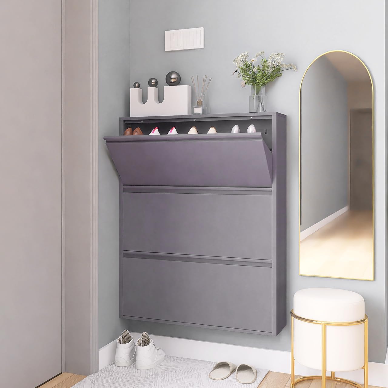 GREATMEET Shoe Cabinet with 3 Flip Drawers, Metal Entrance Shoe Cabinet Storage for Entryway, Modern Hidden Narrow Shoe Rack Organizer Cabinets Wall Mount for Living Room, Bedroom, Hallway,Grey