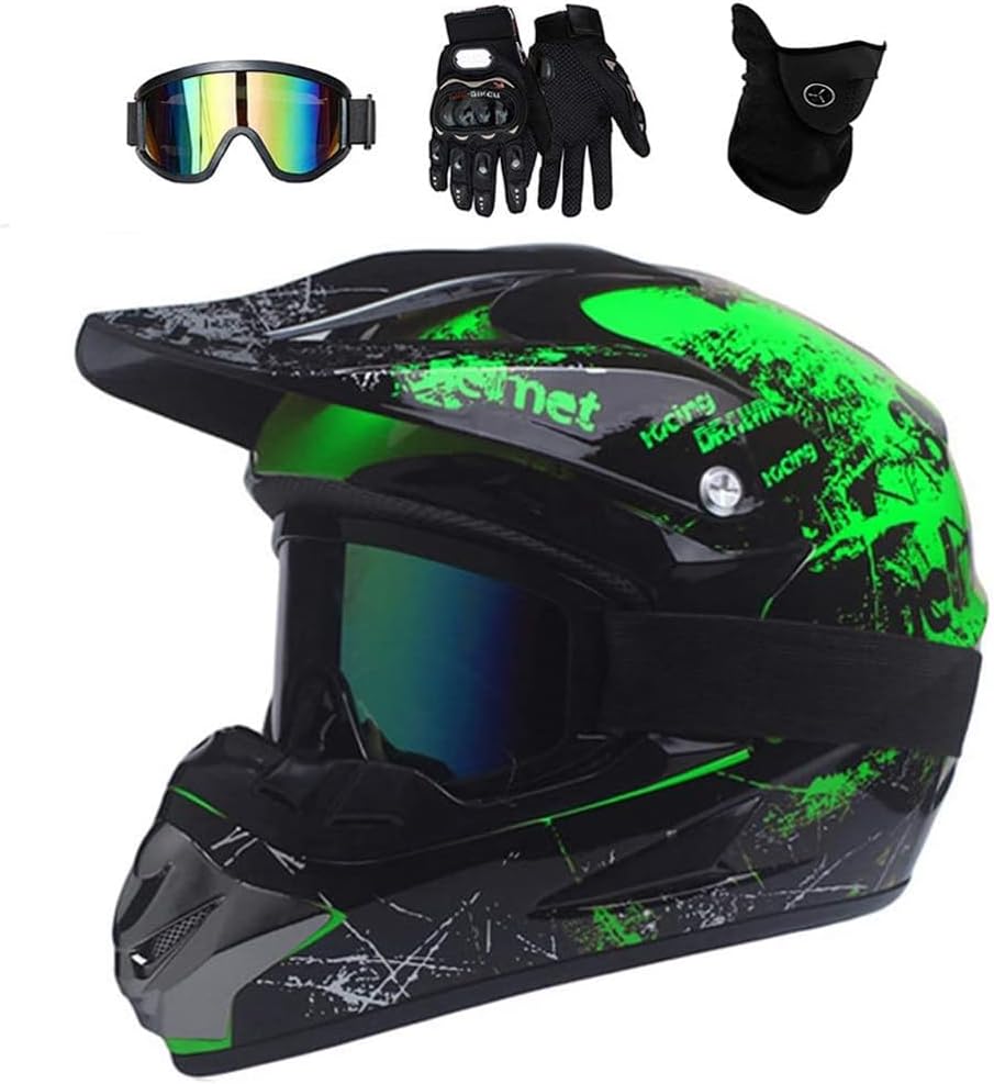 Motocross Helmet, with Goggles Mask Gloves, Youth Kid Full-Face Off Road Motorcycle Crash Helmet, MTB BMX Downhill Quad Bike Enduro Racing Dirt Bike Helmet,Green,M(54~55cm)