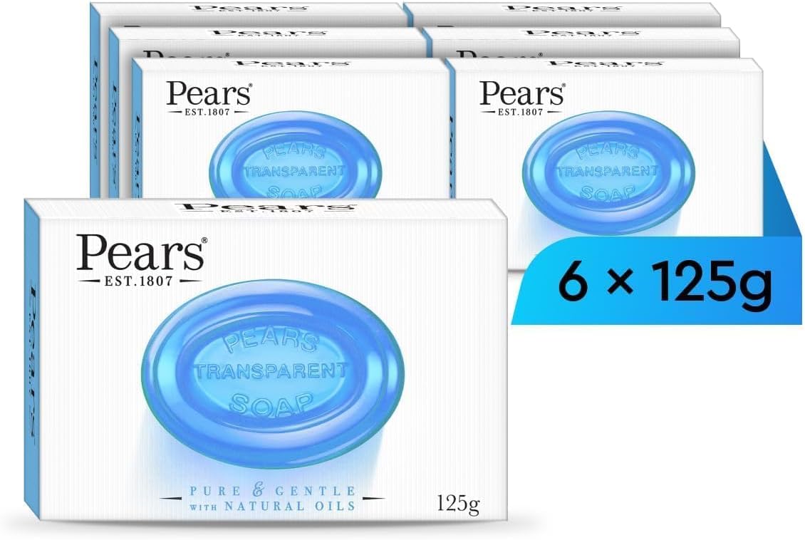 Pears Pure & Gentle Transparent Natural Soap Bar - Made with Mint Extracts, Nourishing and Refreshing Bathing Cleanser, Gentle & Soothing Skin Care, Pure Transparency, Pack of 6 x 125g