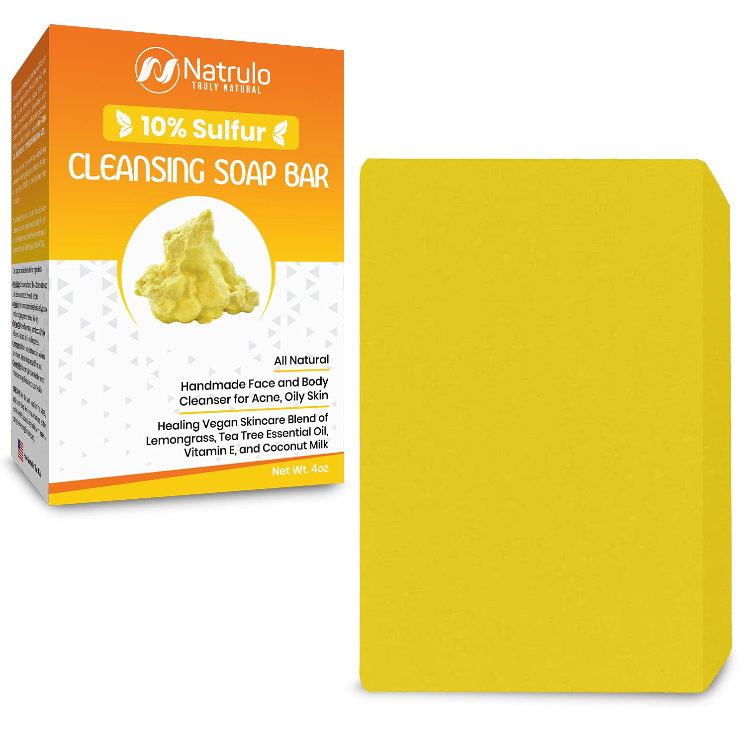 10% Sulfur Soap Cleansing Bar for Face & Body – All Natural Facial Cleanser for Acne, Oily Skin – Healing Skincare Blend of Lemongrass, Tea Tree Essential Oil, Vitamin E, Coconut Milk – Made in USA