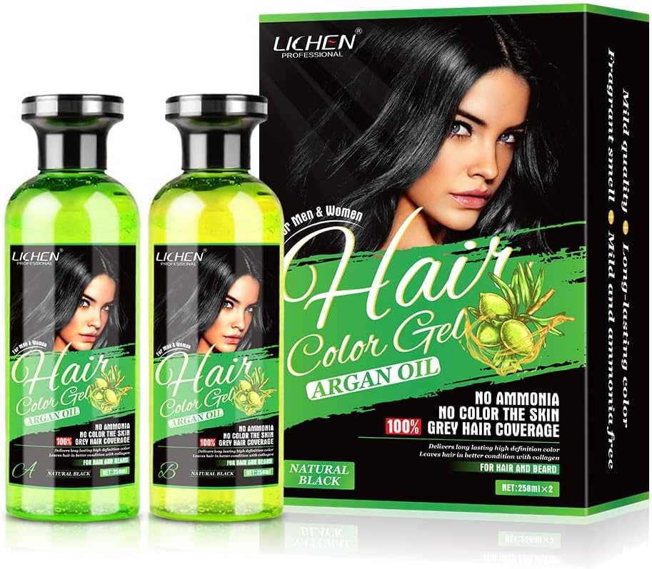 ZAZYS LICHEN PROFESSIONAL HAIR COLOR GEL 250ml NATURAL BLACK, No Color to the Skin! Contains Argan Oil, No Ammonia, Fast Action 100% Grey Coverage, Beard Dye, Natural Black Hair Dye