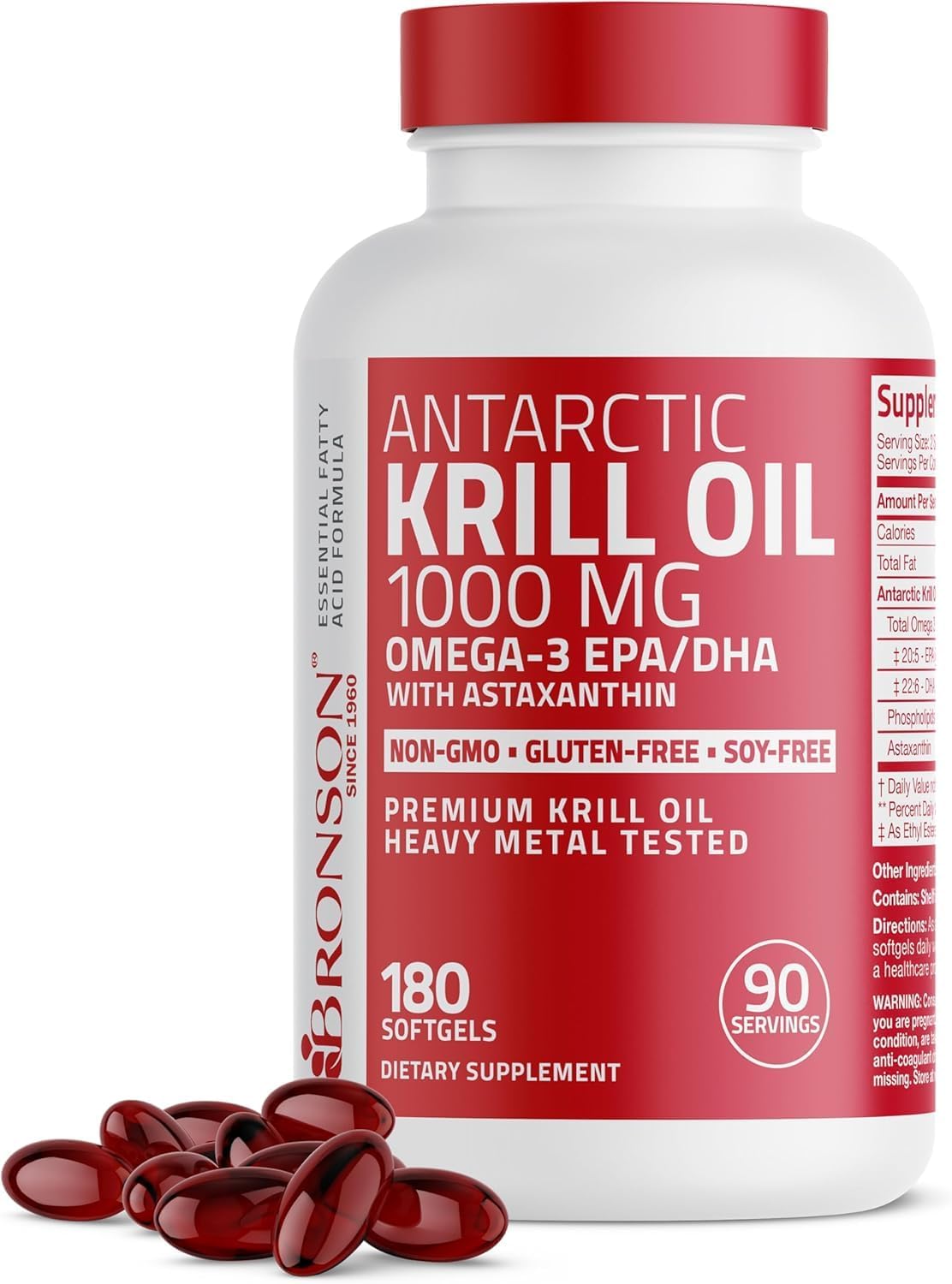 Bronson Antarctic Krill Oil 1000 mg with Omega-3s, 180 Softgels | Heavy Metal Tested, with EPA, DHA, Astaxanthin and Phospholipids, Non-GMO, Gluten Free, Soy Free