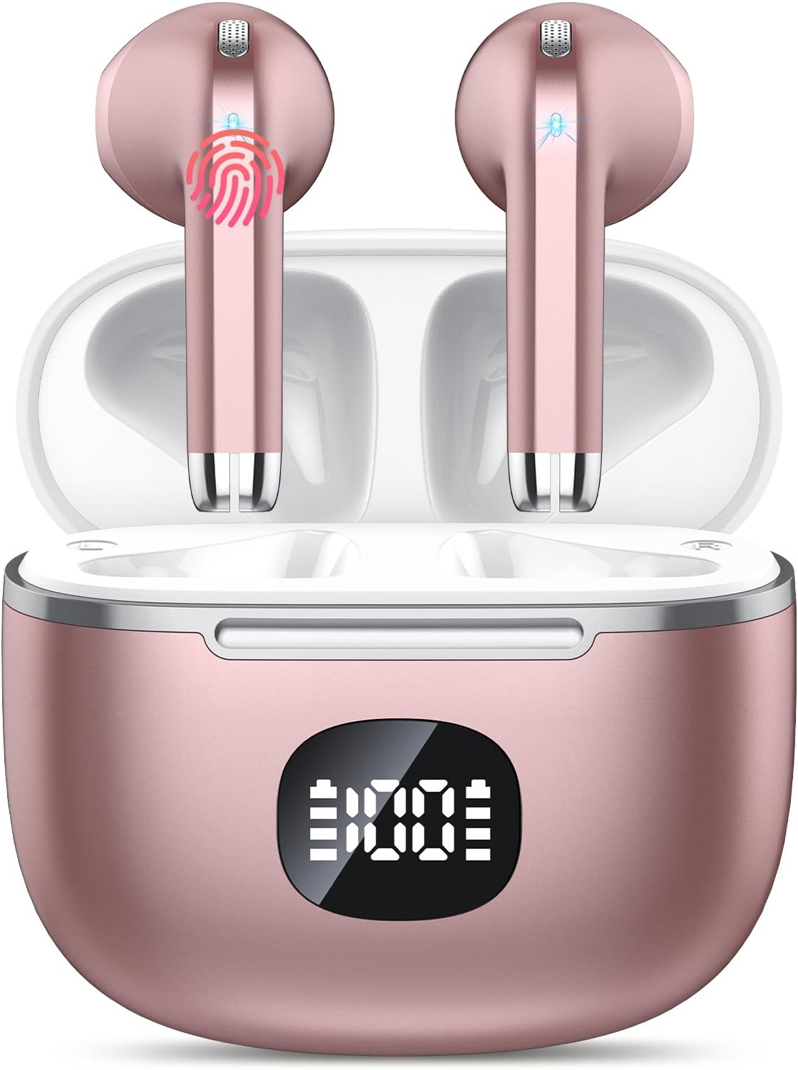 Wireless Earbuds, Bluetooth Headphones 5.3, 50H Playtime LED Display Deep Bass Ear Buds with 4 ENC Noise Cancelling Mic, IP7 Waterproof in-Ear Earphones for Phone Tablet Laptop Sports（Rose Gold）