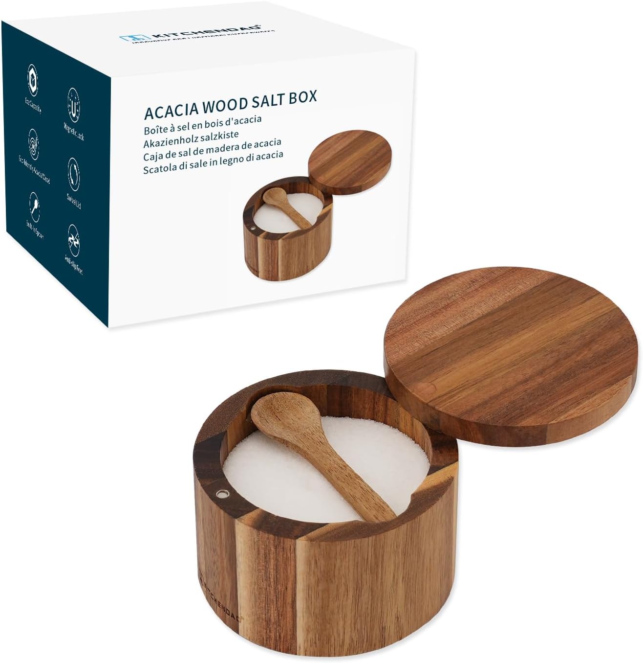 KITCHENDAO Acacia Wood Salt Cellar Bowl Box with Built-in Spoon, Elegant Kitchen Salt Container Holder with Swivel Magnetic Lid to Storage Pepper Spice Bath Salt Sea Salt, 6OZ