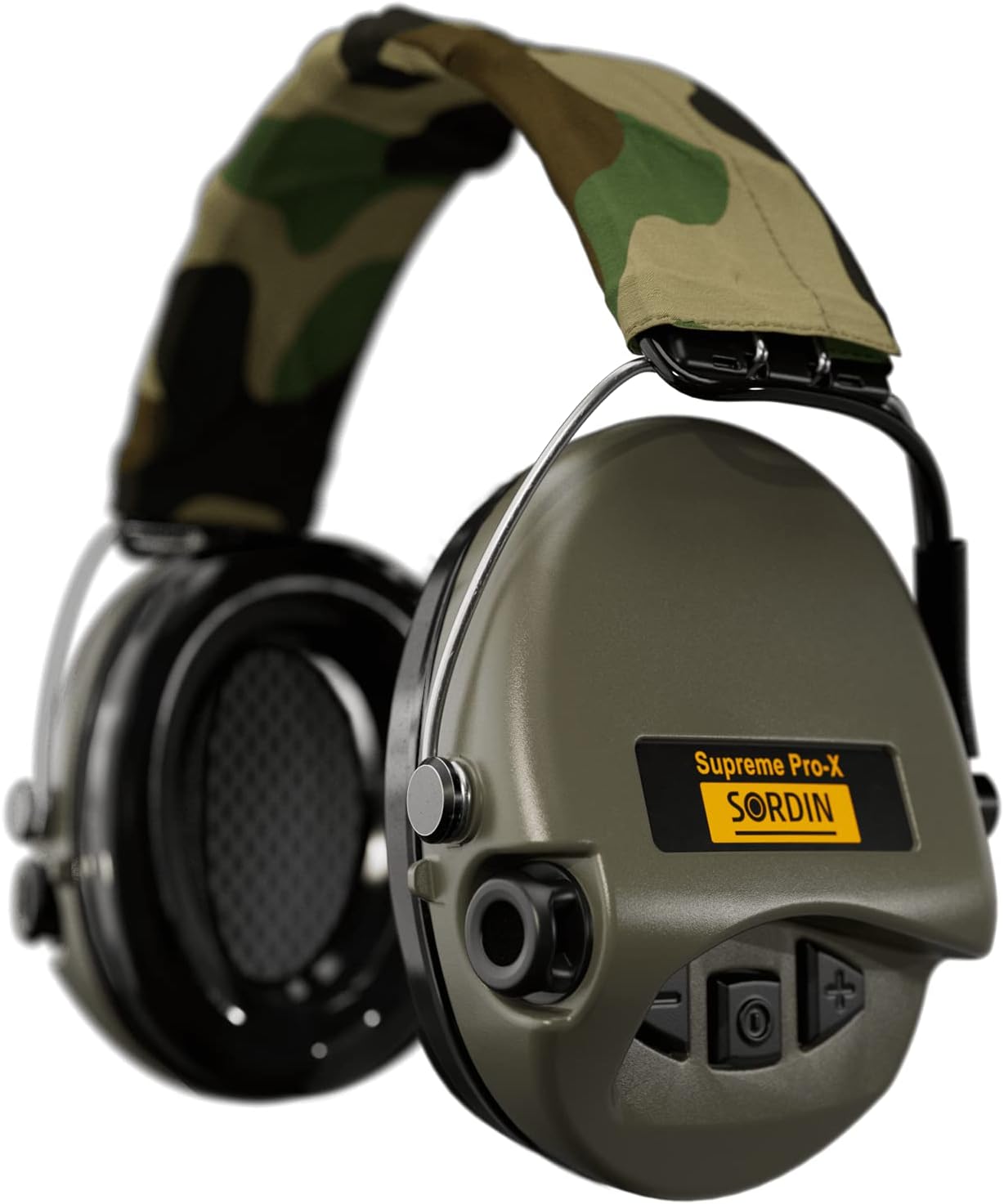 Sordin Pro-X Ear Muffs - 75302-X-S - Active and Electronic Ear Defenders w/Camo Headband - Foam Pads - Olive