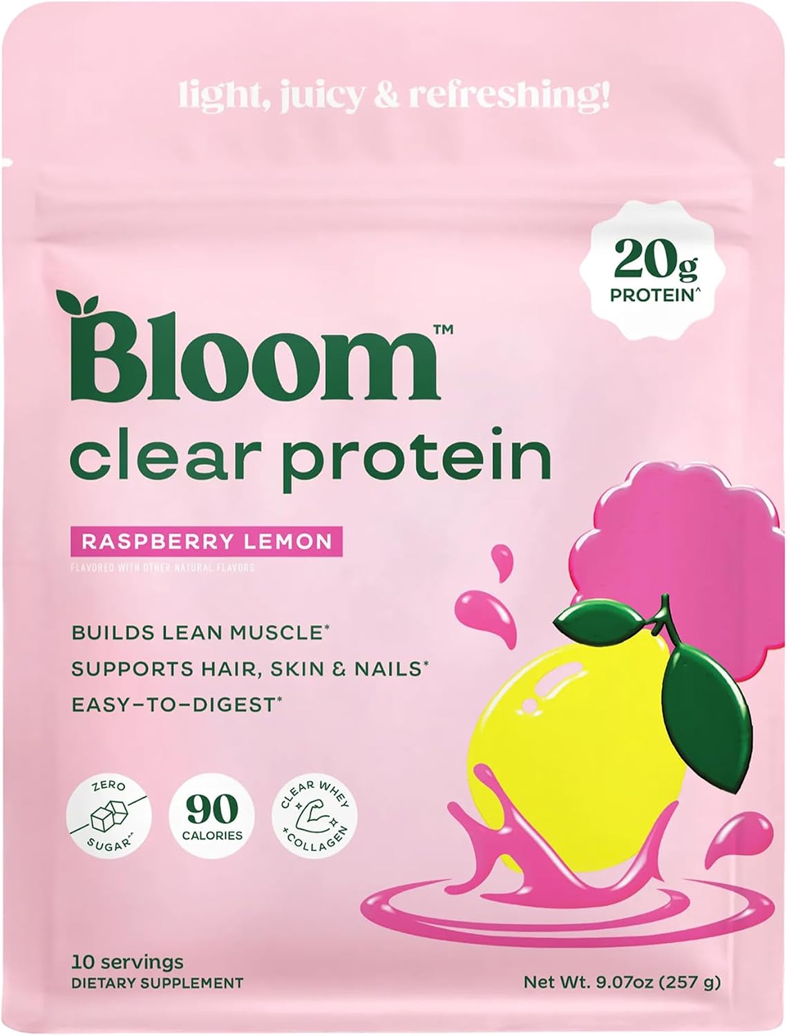 Bloom Whey Clear Protein, Raspberry Lemonade 10 servings, 9.07 fl oz | Whey Protein Isolate with Collagen Peptides & Digestive Enzymes, 20g Protein, Sugar Free Post Workout Drink Mix, 90 Calories
