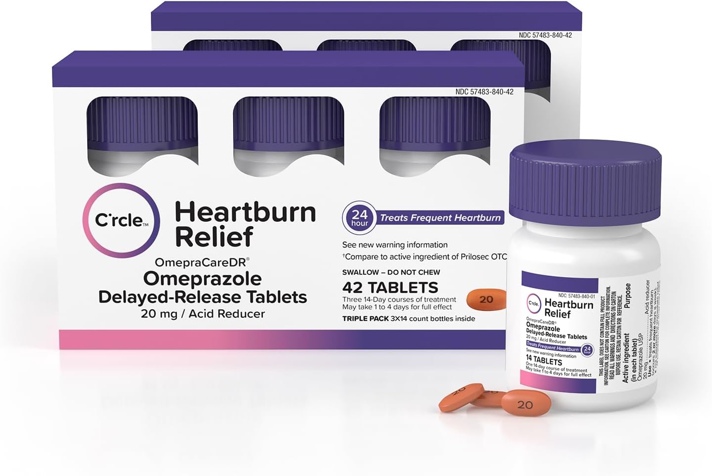 C’rcle Omeprazole 20mg Tablets (84 Ct, Six 14 Day Courses) - Delayed-Release Heartburn Medicine - Daily Use Acid Reducer for Frequent Heartburn Relief & Acid Reflux Relief - 14 Antacid Pills - 6-Pack