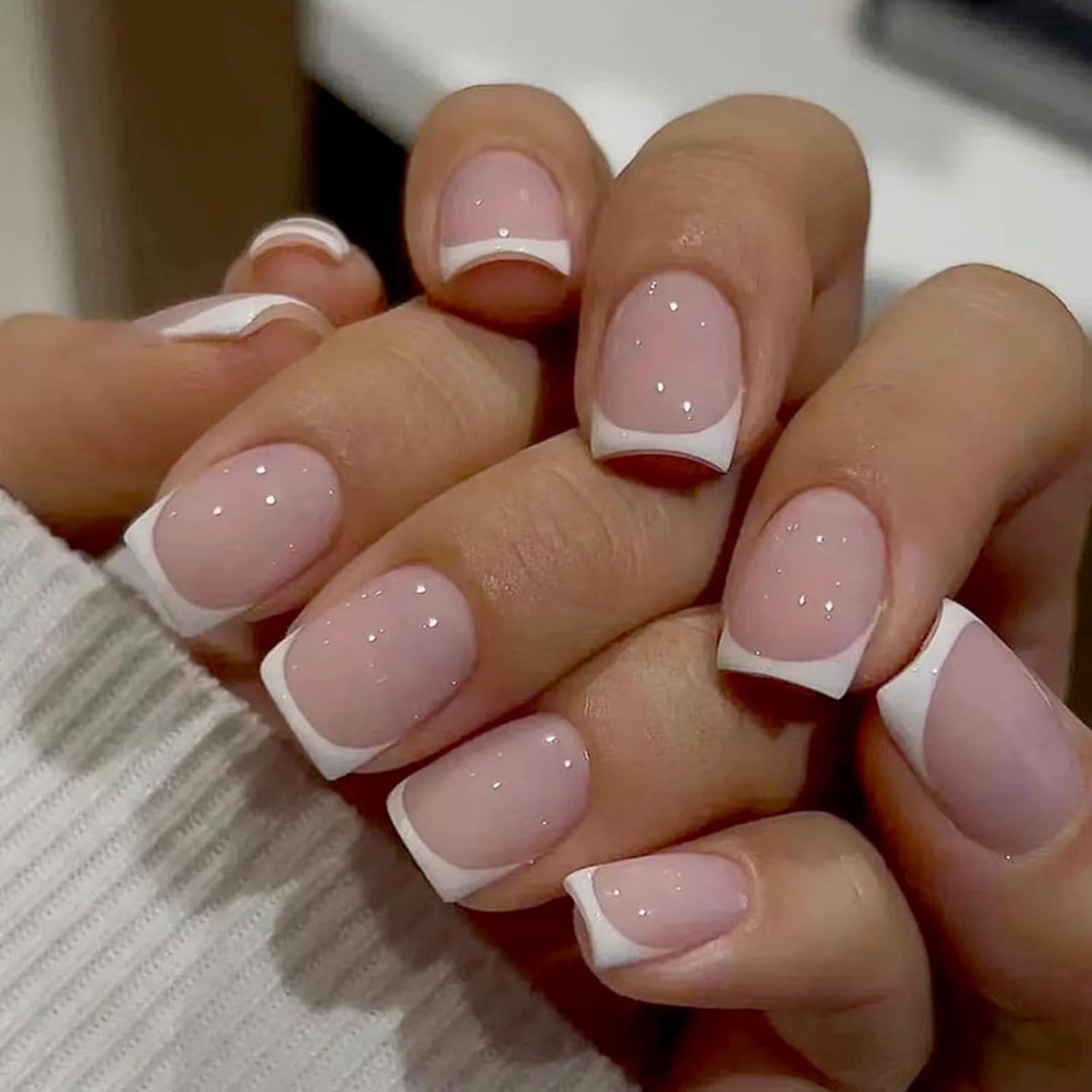 EONFAVE 24 Pcs French False Nails - Press On Nails - Full Cover Nude White Square Stick On Nails - French Fake Nails for Women and Girls - Nail Art